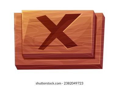 Botón X del menú de cierre de madera texturado al estilo de dibujos animados aislado en fondo blanco. Gui rústico, madera.
