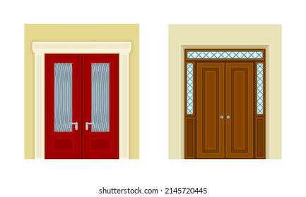 Wooden Closed Double Doors Set. Front Doorway Exterior Vector Illustration