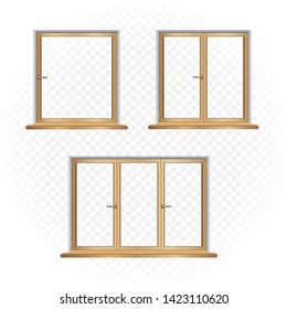 Wooden closed windows template set on transparent background. Home outdoor exterior element. Architecture window build object