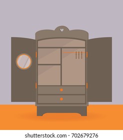 Wooden closet, bedroom wardrobe. Home furniture. Dressing room shelves and drawers. Isolated flat design vector.