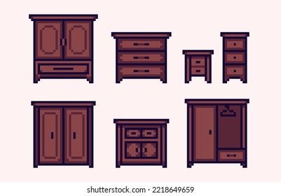 Wooden closet, cabinet pixel art set. Dresser, home furniture collection. 8 bit sprite. Game development, mobile app.  Isolated vector illustration.