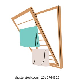 Wooden clothes dryer vector illustration in flat cartoon style. Drying rack with towels, practical home accessory for laundry organization, eco friendly design for household interior and textile care