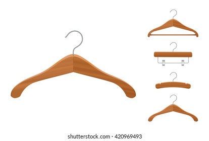 Wooden clothes hangars set. Isolated vector design.