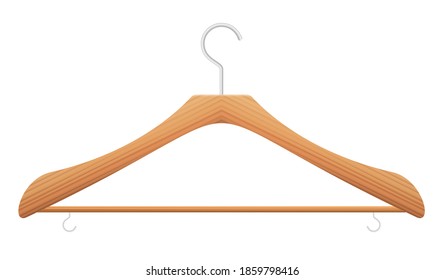 Wooden clothes hanger with crossbar and little hooks, single, frontal, empty, wood texture. Isolated vector illustration on white background.
