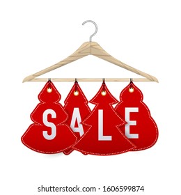 Wooden clothes hanger with discounts in the shape of Christmas trees. Realistic vector illustration. New Year's discounts on clothes.