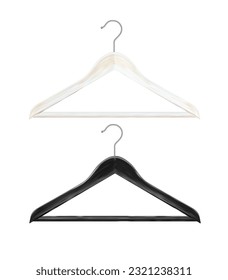 Wooden clothes hangers Clothes hanger made of white and ebony wood. clothes hanger wooden hanger closeup isolated on background. Design template, clipart or layout for graphics. Vector