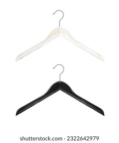 Wooden clothes hangers Clothes hanger made of white and ebony wood. clothes hanger wooden hanger closeup isolated on background. Design template, clipart or layout for graphics. Vector