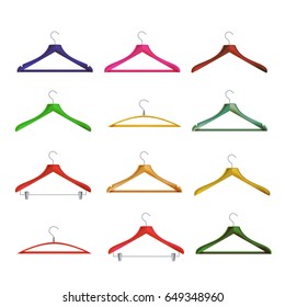 Wooden Clothes Hangers Vector. Different Clothes Hangers Isolated On White Background. Collection Includes Wooden, Plastic, Metallic Modern Coat Hangers.