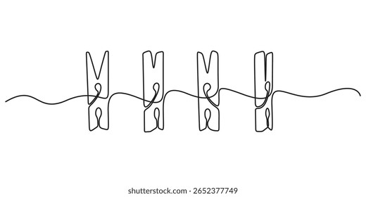 Pano de pano de madeira contínuo um desenho de linha. Clothesline com pino e peg para álbum de fotos e web design de lavanderia conceito em estilo linear simples. Ilustração de vetor de rabiscar