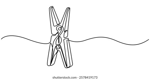 Wooden clothespin icon continuous one line drawing, illustration of clothespin one continuous line art. line, simple, hand drawn and sketch style. for icon, symbol, sign or logo, Clothesline with pin.