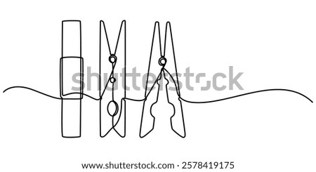 Wooden clothespin icon continuous one line drawing, illustration of clothespin one continuous line art. line, simple, hand drawn and sketch style. for icon, symbol, sign or logo, Clothesline with pin.