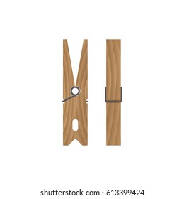 Wooden clothespin isolated on white background. Front and side view. Vector illustration.