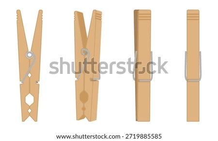 wooden clothespin set with different view, vector illustration isolated on white background.