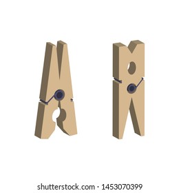 Wooden clothespin.Isometric and 3D view.