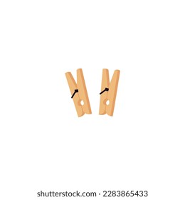 Wooden clothespins cartoon icon or symbol, flat vector illustration isolated on white background. Laundry pins or clips for drying clean washed clothing.