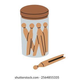 Wooden clothespins in jar vector illustration in flat cartoon style. Minimalist eco friendly laundry accessory for sustainable and zero waste themes. Practical and reusable home decor element