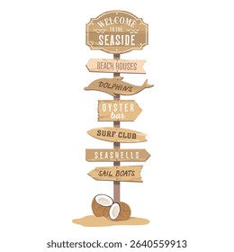A wooden coastal road sign with inscriptions on the arrows: beach houses, a surf club, a sandy beach, boats and more. Sea welcome beach sign with arrows and coconuts on the sand. Hand draw no ai.
