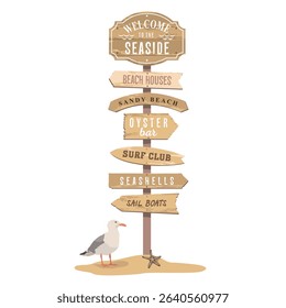 A wooden coastal Signpost with inscriptions on the arrows: beach houses, a surf club, a sandy beach, boats and more. Sea welcome beach sign with arrows and a seagull on the sand.  Hand draw no ai.
