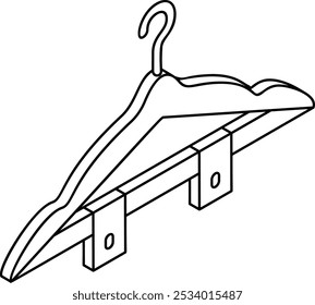 Percha de madera con el concepto de contorno isométrico de los Clips, percha con el ícono del Vector de las abrazaderas, símbolo de la confección de encargo, signo de la ropa hecha a medida, materiales de Sewist