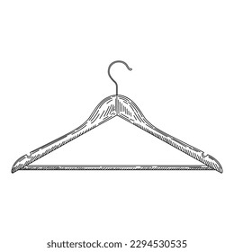 Wooden coat hanger in vintage engraved style. Sketch of coat hanger. Front view. Isolated on white background. Vector illustration