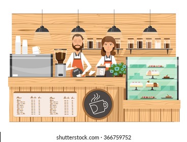 wooden Coffee bar, coffee shop counter vector illustration with barista 