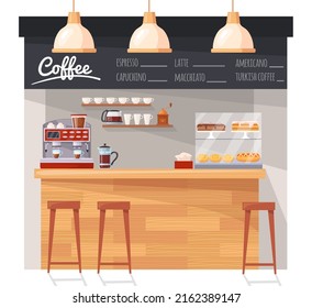 Wooden Coffee Counter. Empty Cafeteria Interior, Coffe Bar Shop Of Tea Mug Cacao Drink Or Bakery Deserts, Espresso Machine On Table Inside Cafe Restaurant, Vector Illustration. Cafeteria Interior Bar