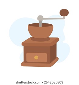 A wooden coffee grinder sits on a flat surface, featuring a round top and a handle. Its charming design adds a nostalgic touch to any kitchen decor.