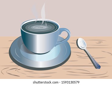 Wooden coffee mug with teaspoon and pastel background.vector coffee cup.