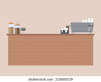 Wooden coffee shop counter. Coffee machine, mugs, jars of cookies on the cafe counter. Modern flat vector illustration