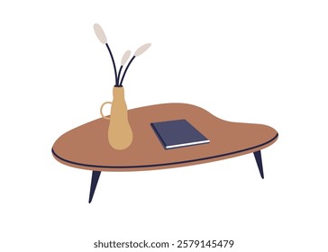 Wooden coffee table with vase, book. Wood furniture with flower branches, magazine, home decoration. Modern Scandinavian retro interior style. Flat vector illustration isolated on white background