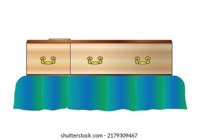 A wooden coffin with a brass handles liying in state isolated on a white background