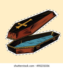 wooden coffin with Christian cross label sticker, pop art retro vector illustration. The coffin lid is open