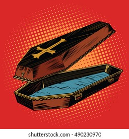 wooden coffin with Christian cross, pop art retro vector illustration. The coffin lid is open