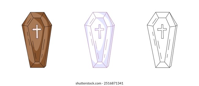 Wooden coffin with cross, colorful and line icons set. Traditional halloween spooky symbol. Vector flat icon, monochrome purple, color, outline illustration. For logo, sticker, coloring book, label