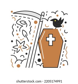 Wooden coffin with cross isolated. Raven standing over casket. Death scythe is next to hearse. Halloween traditional symbols textured concept design.  Hand drawn flat silhouette vector illustration