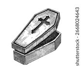 Wooden coffin hand drawn vector illustration. Cemetery sketch. Halloween decor element. NOT AI generated