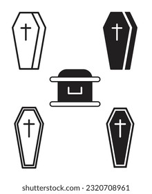 Wooden coffin icon set. Death funerary vector symbol. Casket coffin icon set