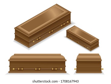 Wooden coffin isometric, side and front view on white background isolated.