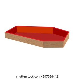 Wooden coffin open. casket empty. Religious object on white background. Red upholstery
