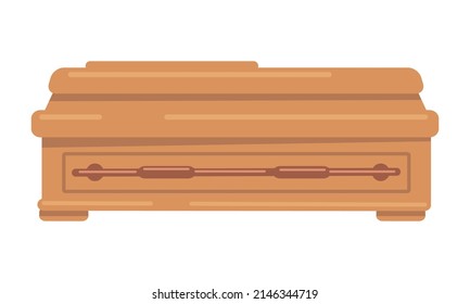 Wooden coffin semi flat color vector object. Funeral service. Memorial product. Burial container. Full sized item on white. Simple cartoon style illustration for web graphic design and animation