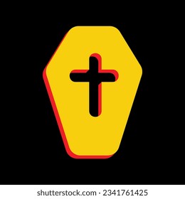 Wooden Coffin sign. 3D Extruded Yellow Icon with Red Sides a Black background. Illustration.