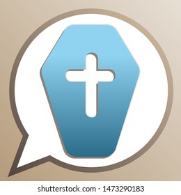 Wooden Coffin sign. Bright cerulean icon in white speech balloon at pale taupe background. Illustration.
