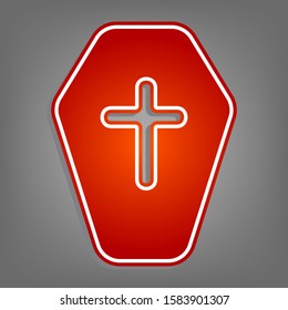 Wooden Coffin sign. Flat red icon with linear white icon with gray shadow at grayish background. Illustration.