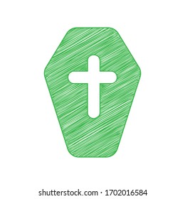 Wooden Coffin sign. Green scribble Icon with solid contour on white background. Illustration.