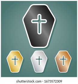 Wooden Coffin sign. Set of metallic Icons with gray, gold, silver and bronze gradient with white contour and shadow at viridan background. Illustration.