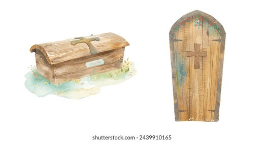 wooden coffin watercolour vector illustration 