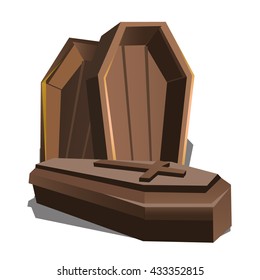 Wooden coffins with a cross on the lid. Vector illustration.