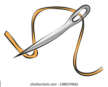 A wooden coil of strong blue-colored thread with a needle for sewing leather goods and fur garments with embroidery designs  vector  color drawing or illustration