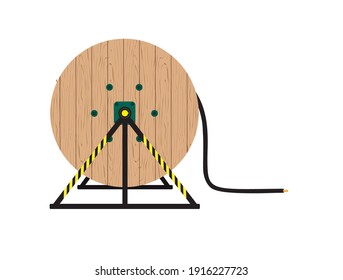Wooden Coils Of electrical Cable Outdoor. High and low voltage cables on white background