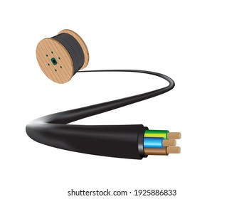 Wooden Coils Of electrical Cable Outdoor. High and low voltage cables on white background